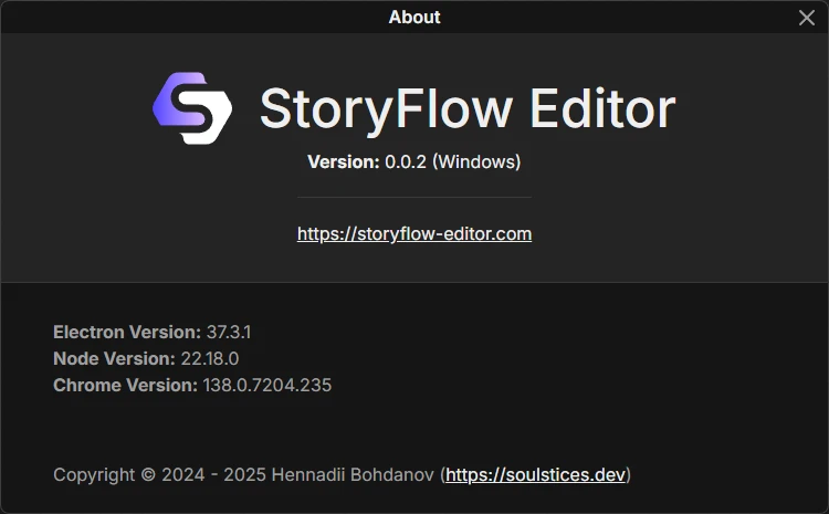 StoryFlow Editor About Window showing version 0.0.2 and application information