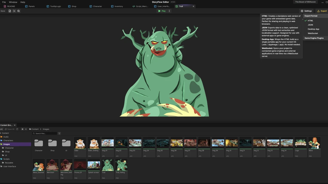 Export options. HTML and JSON for web, the plugins for game engines.
