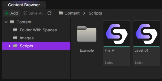 Content Browser interface showing dual-pane layout with tree view on left and folder view on right, displaying scripts and folders