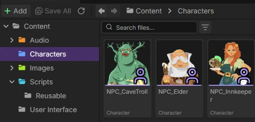 StoryFlow Editor Content Browser showing folder structure and file management interface