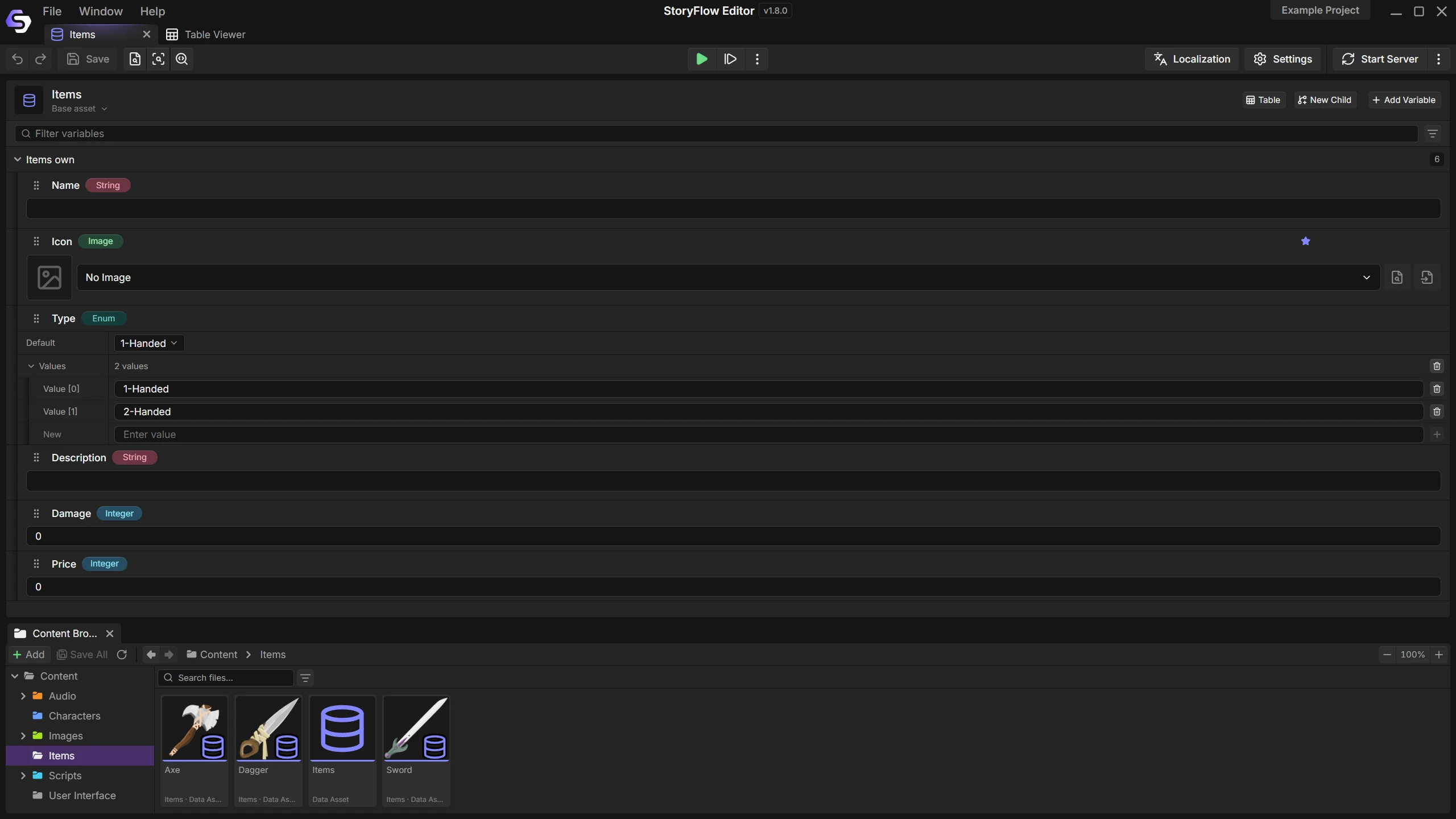 A base Data Asset in StoryFlow Editor showing its declared fields and their types