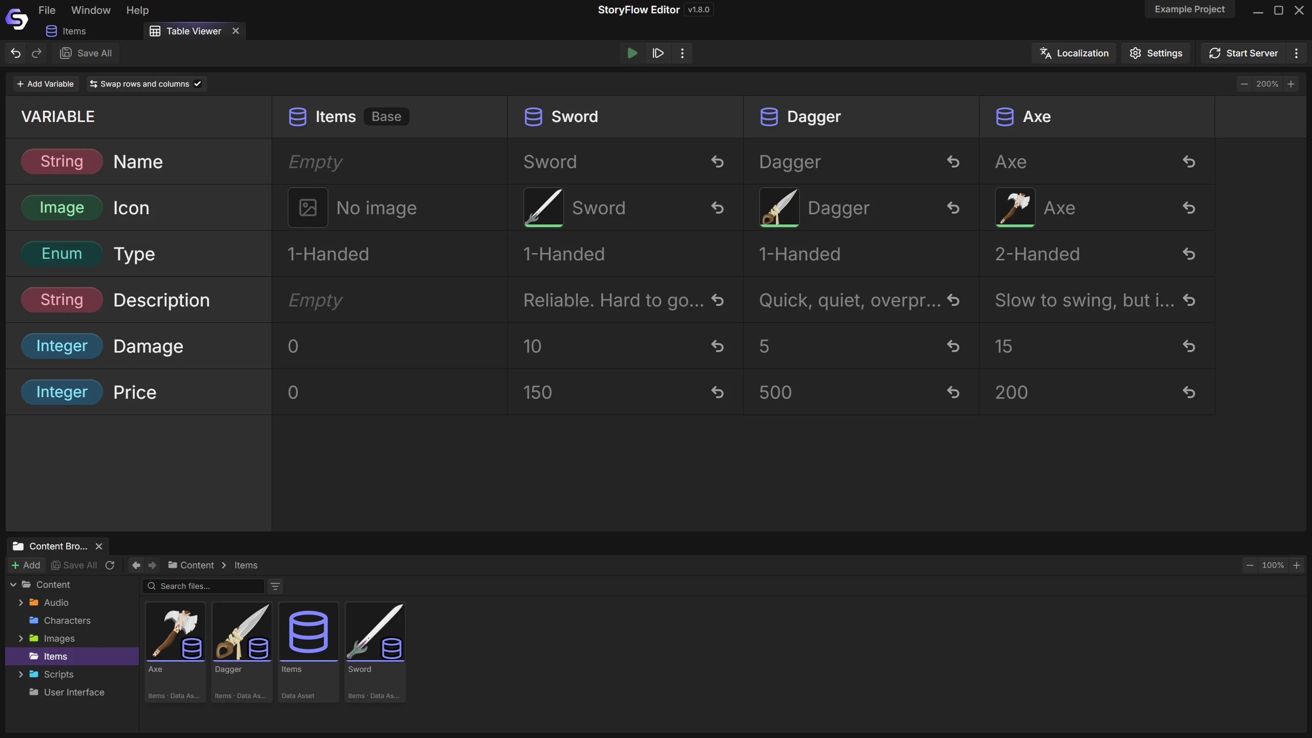 A base Item table in StoryFlow Editor beside the weapons that inherit from it