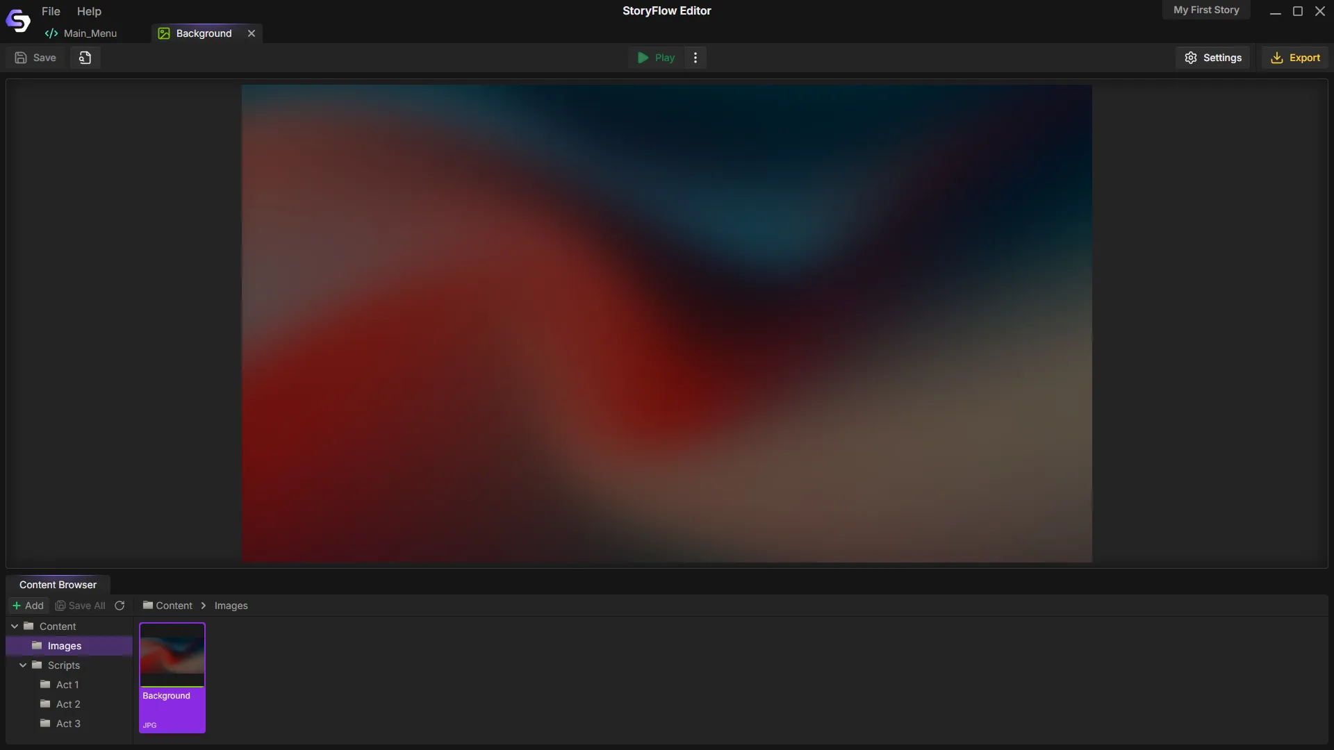 User Interface of StoryFlow Editor v0.0.2 with an image opened