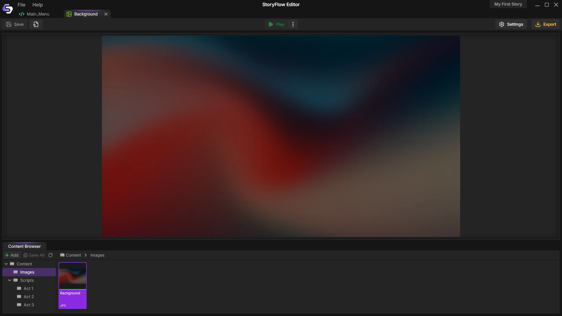 User Interface of StoryFlow Editor v0.0.2 with an image opened