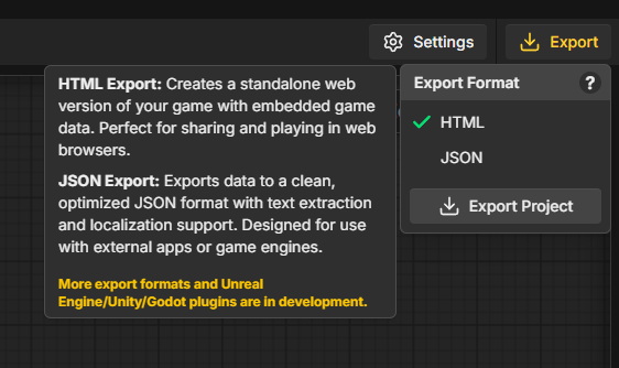Export dropdown menu showing HTML and JSON format options with Export Project button