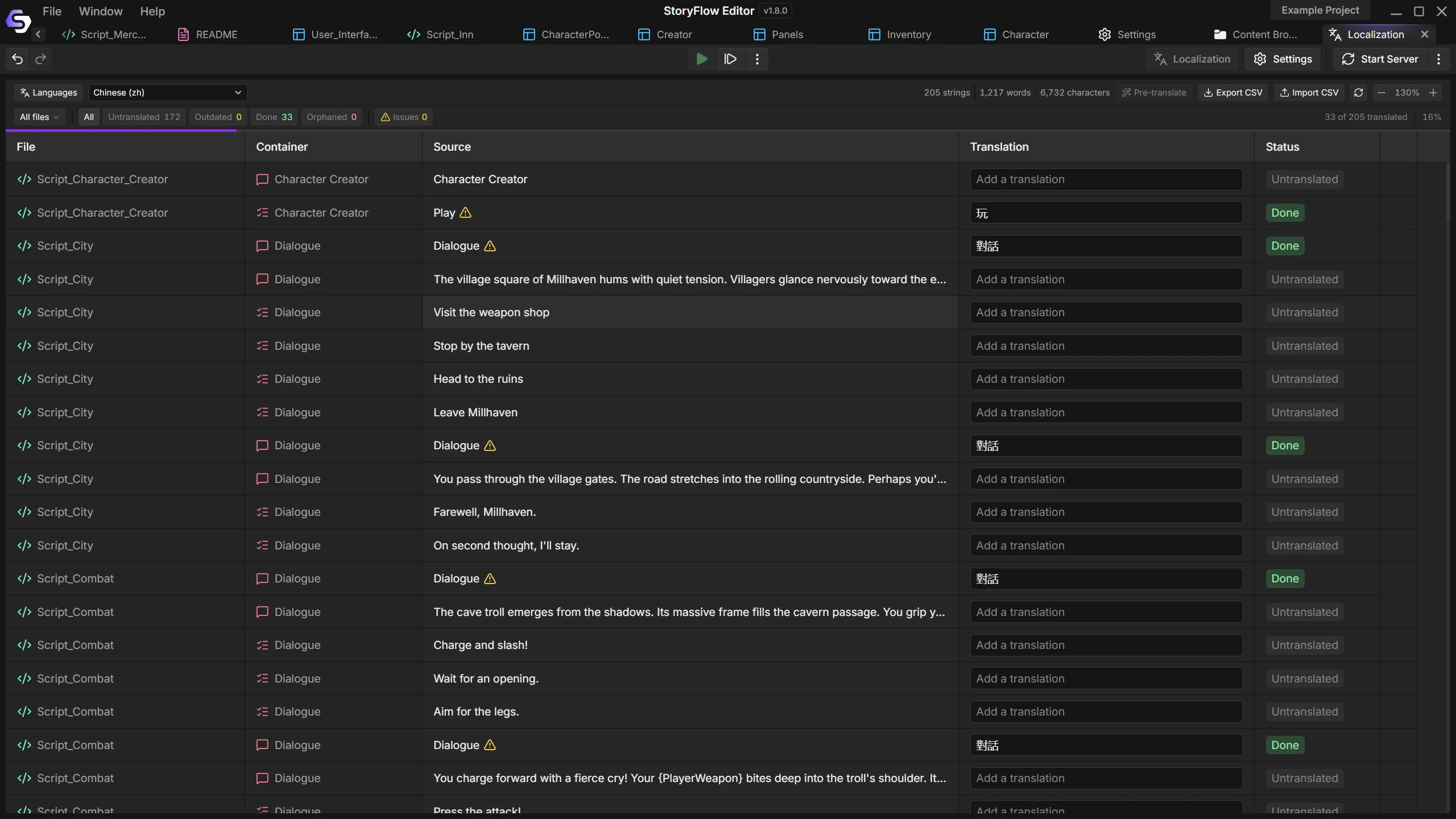 The localization dashboard in StoryFlow Editor with a column for the language being translated