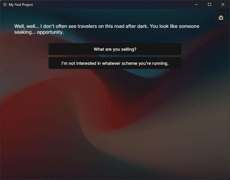 Play Window showing dialogue text, clickable option buttons, and debug toggle button