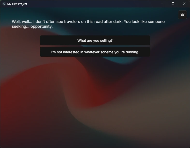 Play Window showing dialogue text, clickable option buttons, and debug toggle button