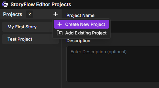 Projects Window showing the central hub for managing projects with Create New Project button and project list