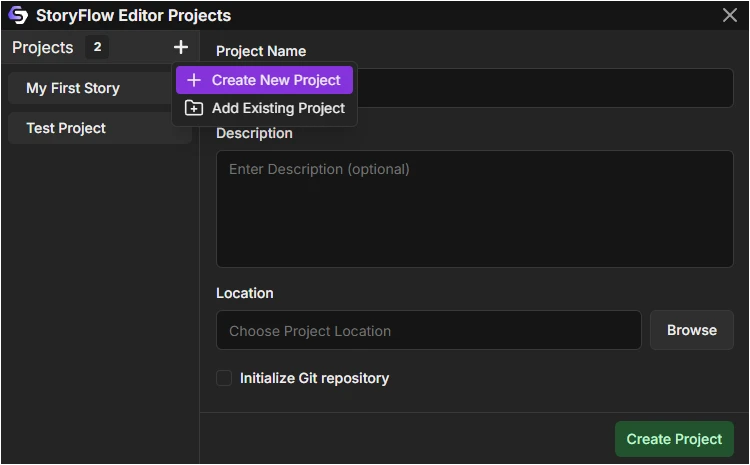 StoryFlow Editor Projects Window showing project list and Create New Project button