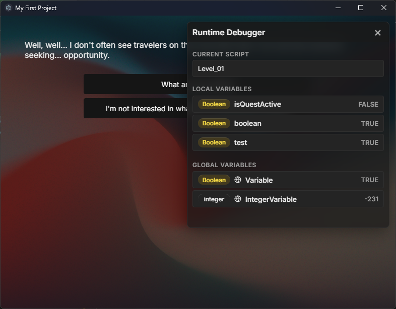 Runtime Debugger panel showing current script, call stack, and variable values in real-time