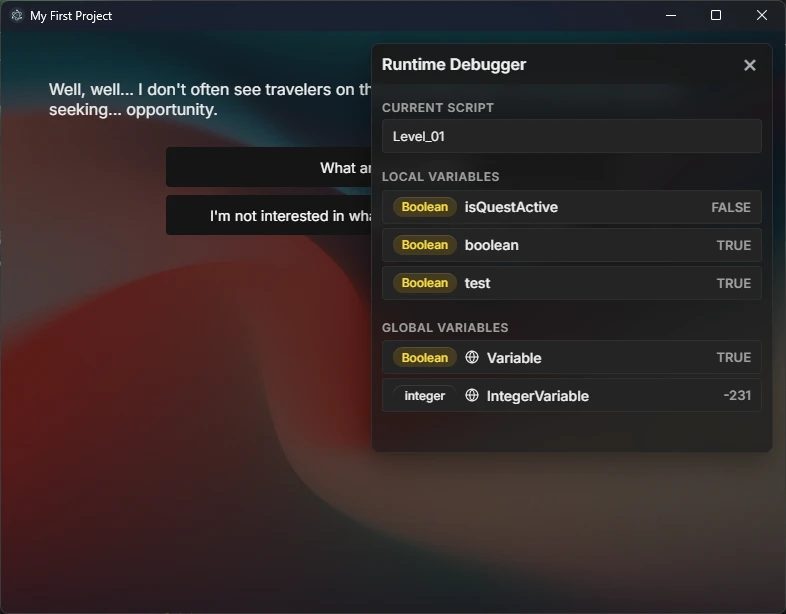 StoryFlow Editor's runtime debugger showing the active script and live variable values during a playthrough