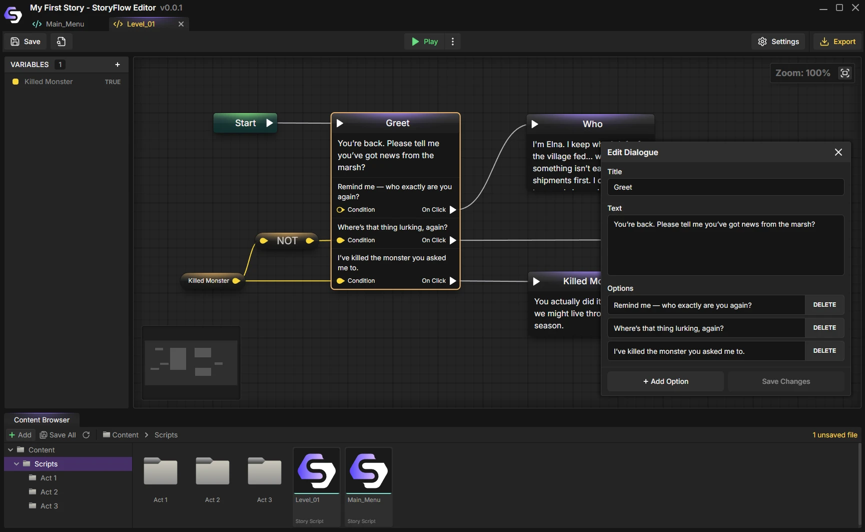 User Interface of StoryFlow Editor v0.0.1