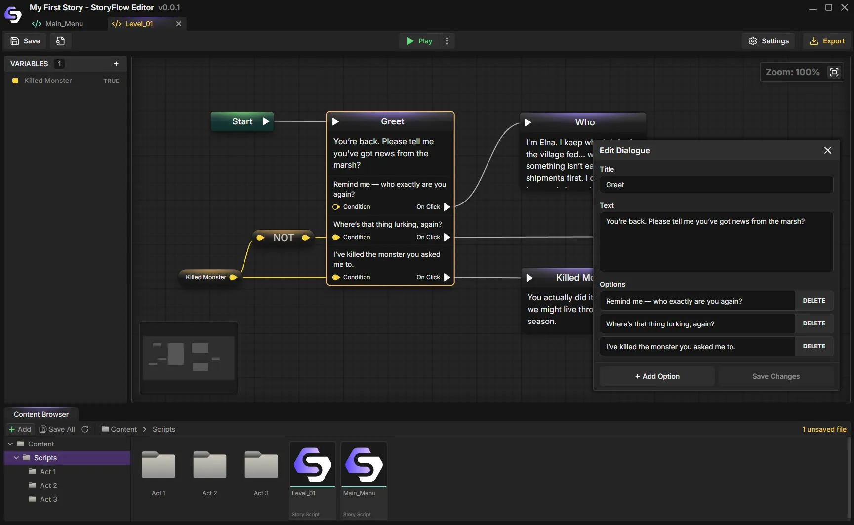 User Interface of StoryFlow Editor v0.0.1