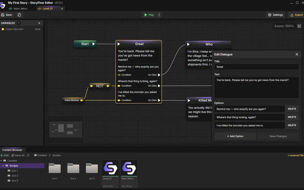 A dialogue node in StoryFlow Editor with three player options, each gated by a condition wired through a NOT node to a Killed Monster variable