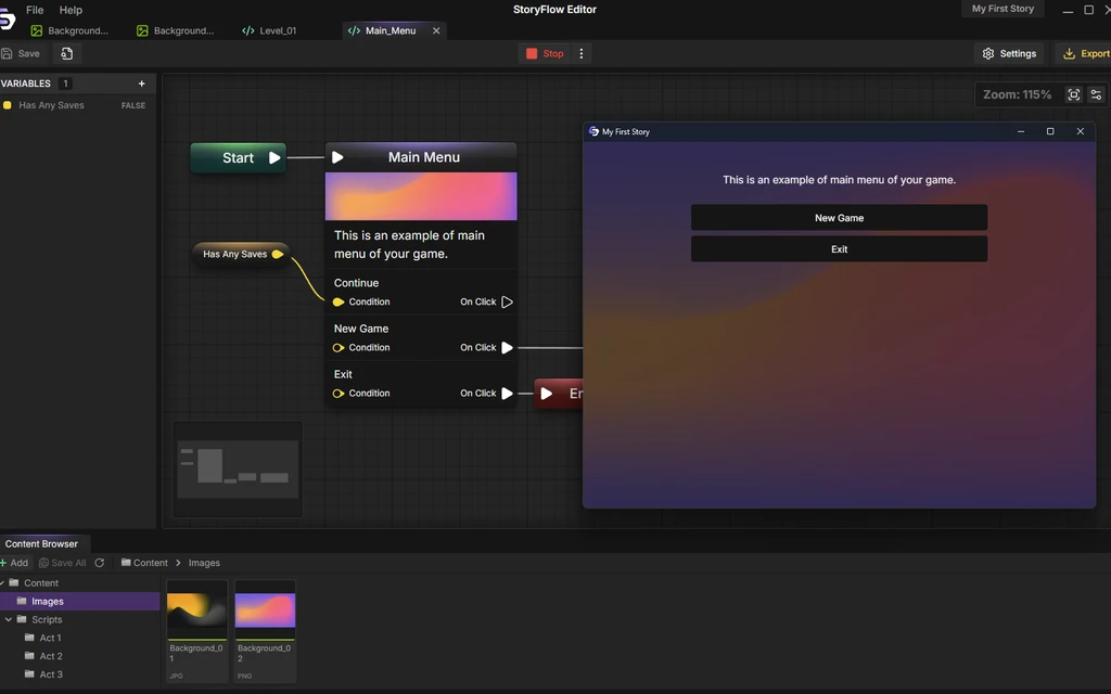 StoryFlow Editor mid-playthrough with the Stop button active and the running game window open beside the node graph