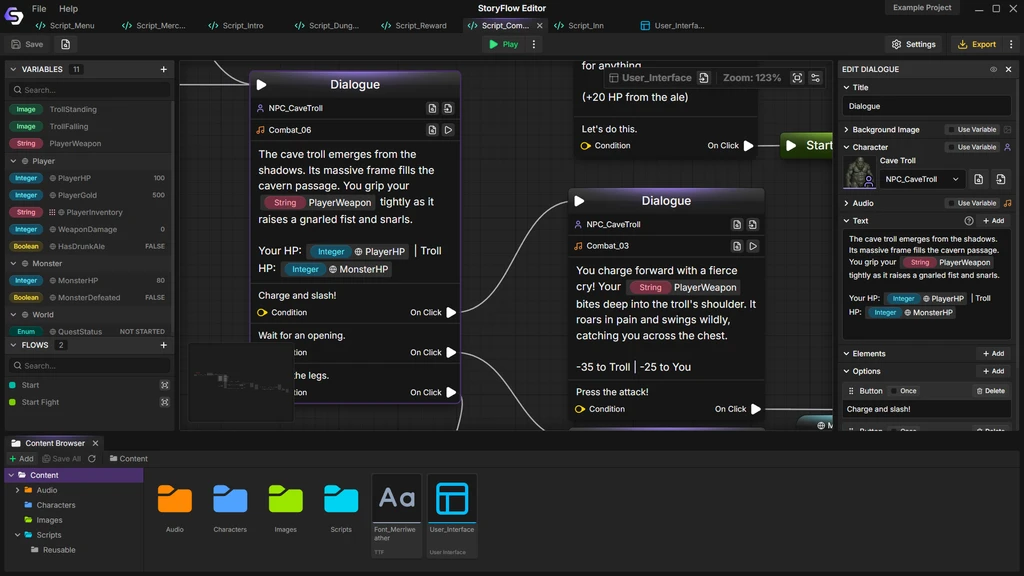 The StoryFlow Editor variables panel listing live values for player health, gold, quest status and story flags alongside the dialogue graph