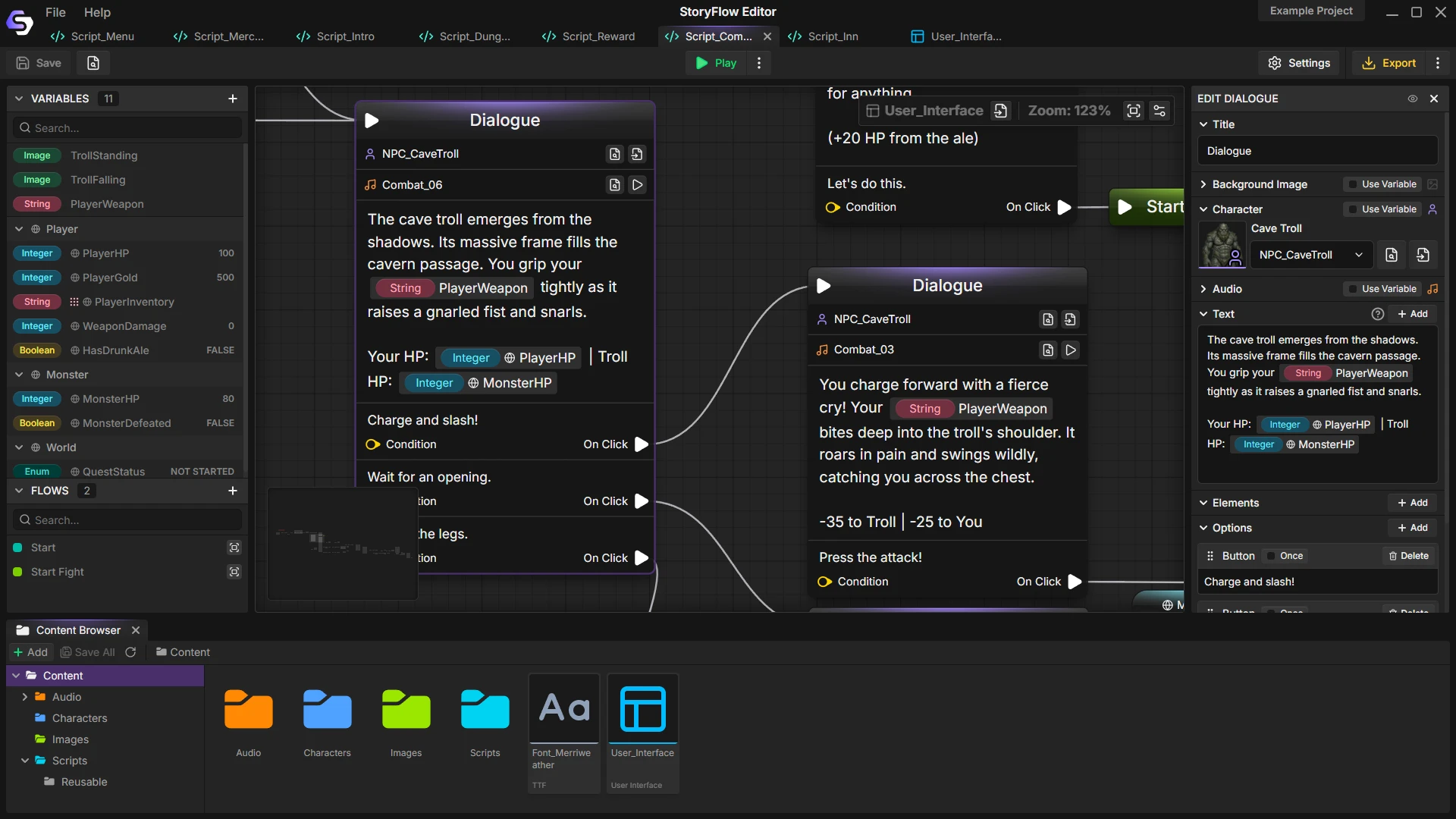 StoryFlow Editor interface showing node-based visual scripting for branching dialogue and interactive story creation