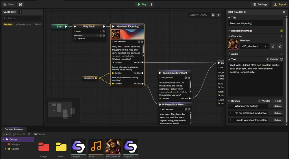 StoryFlow Editor - node-based visual scripting interface for branching dialogue