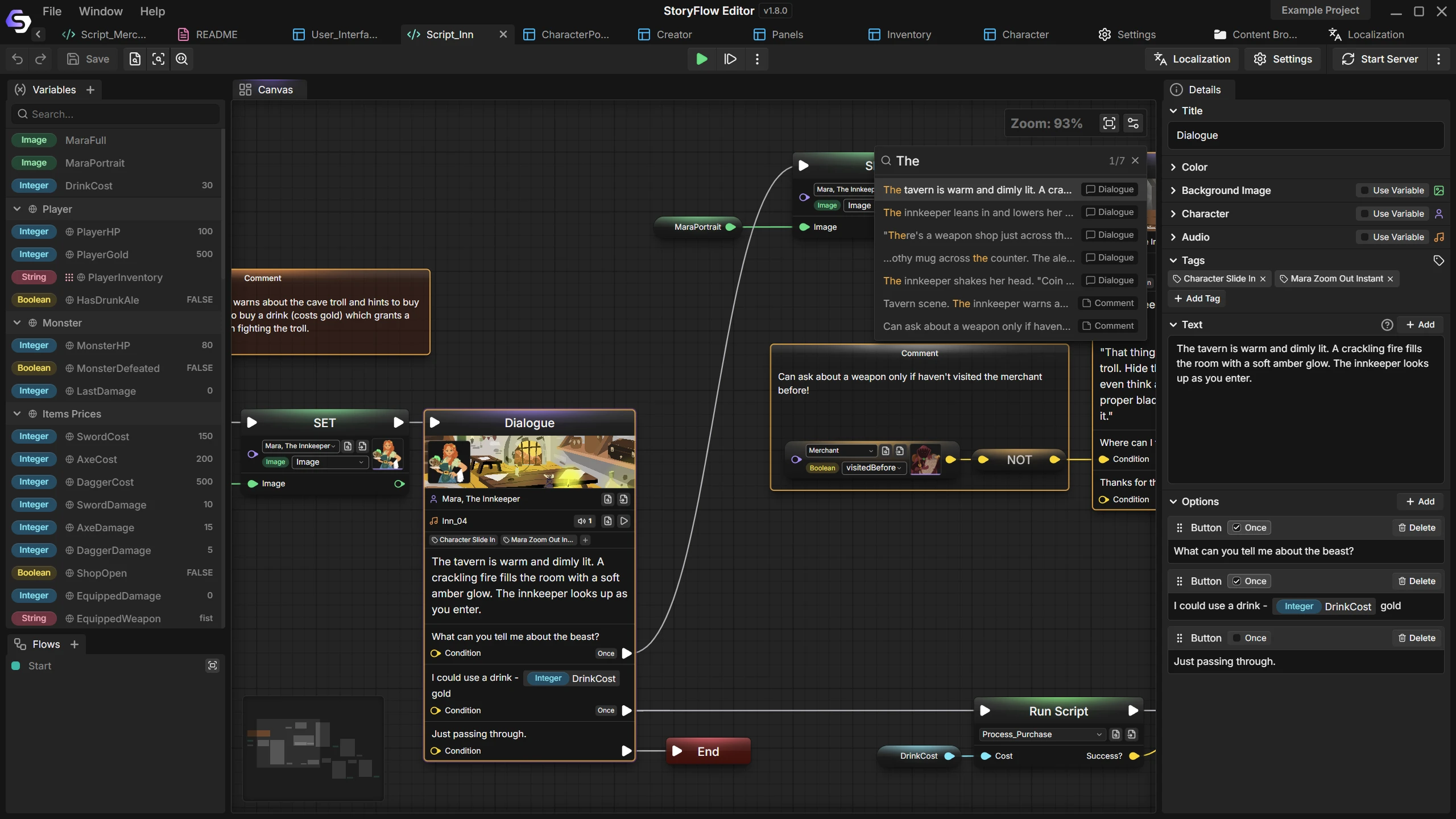 Search inside a script in StoryFlow Editor with matches highlighted on the canvas