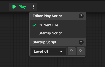 Startup Script selector dropdown menu showing list of available scripts in the project