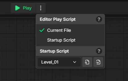 Play menu dropdown with Editor Play Script options, Startup Script selector, User Interface selector, and All Project Settings link
