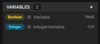 Variables Panel showing list of boolean and integer variables with their names and values